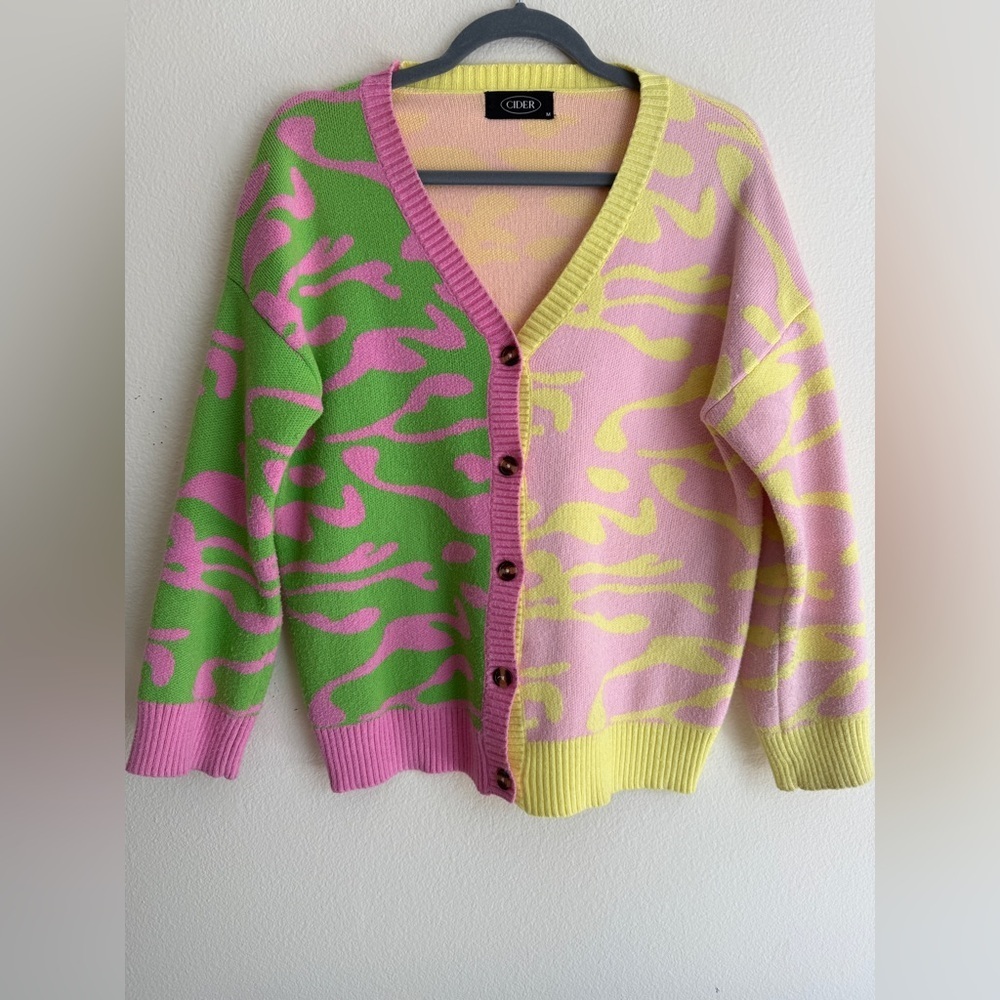 Cider Colorblock Camo Knit Cardigan Pink Green Yellow Button Sweater M